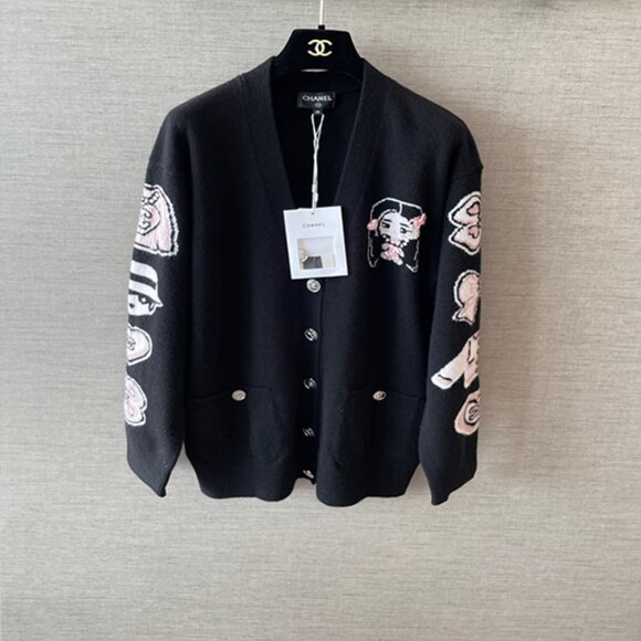 Chanel Sweaters - Chanel Black Knit Cardigan with Cartoon Embroidery Combines Luxury and Whimsical